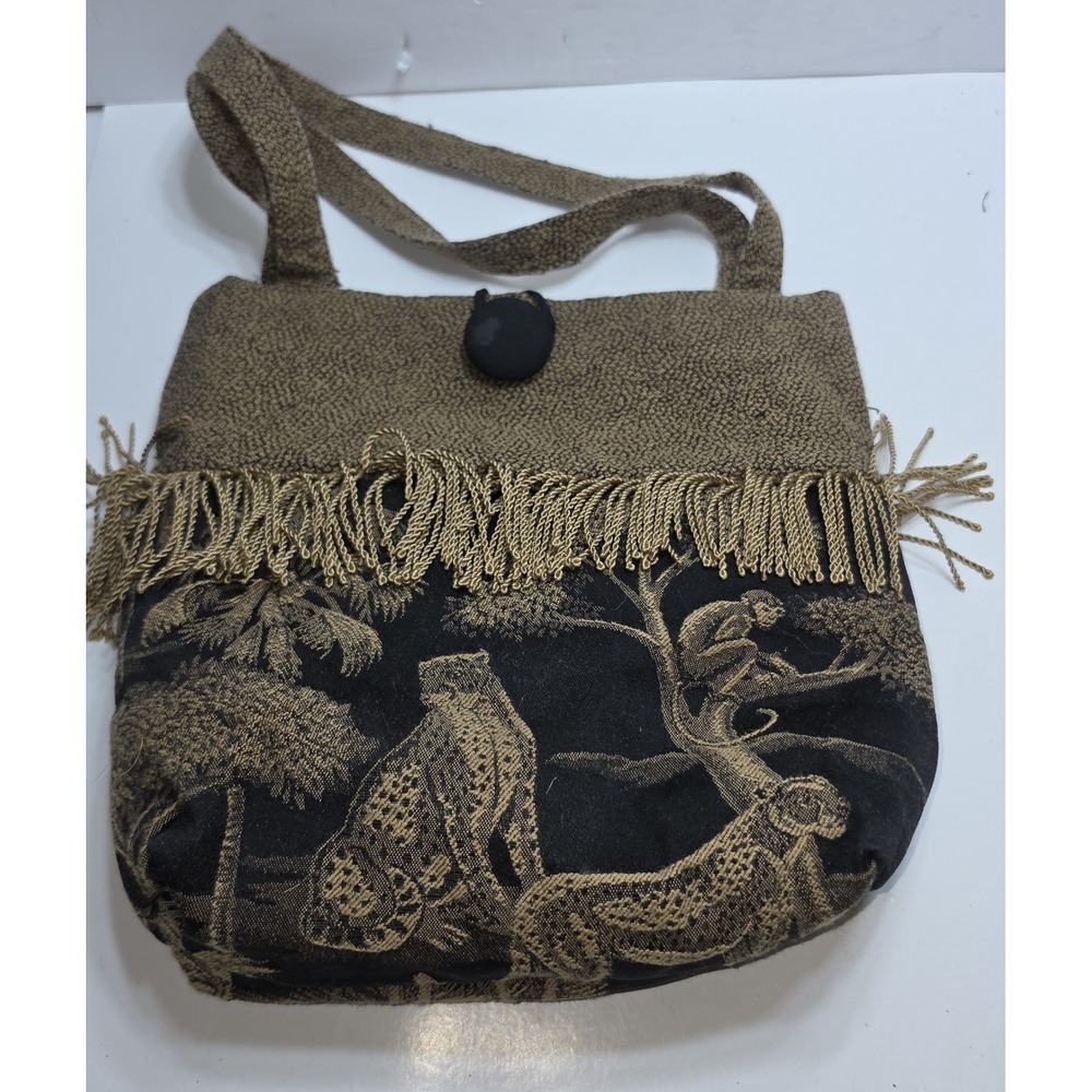 Handmade Safari Tapestry Fringe Shoulder Bag Black Gold Giraffe Zebra Leopard